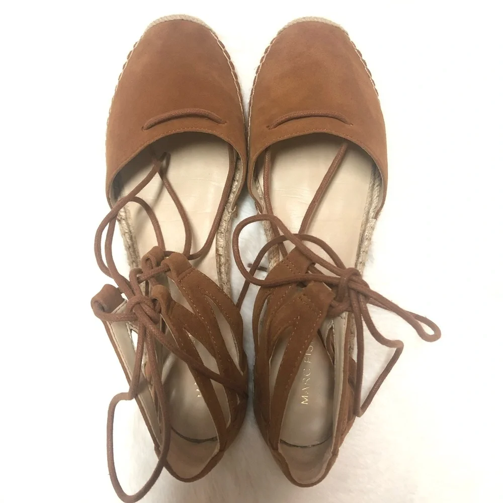 Marc Fisher Suede Lace Up Espadrille Sandals Camel Brown Ankle Tie Size 8.5